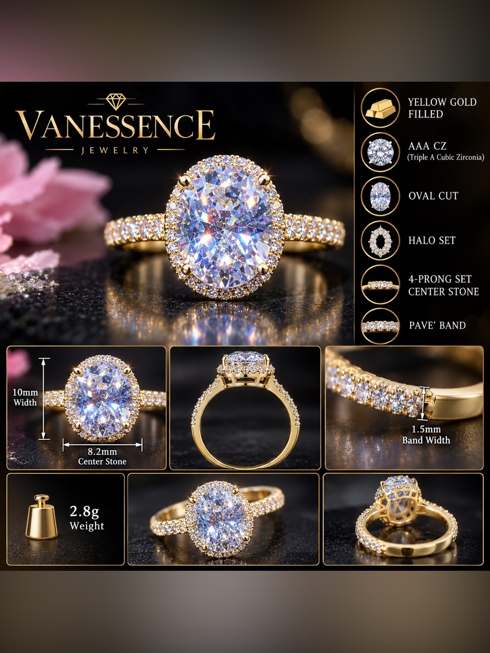 Yellow Gold AAA CZ Oval-Cut Halo Solitaire Ring Size 7 - Picture 15 of 15